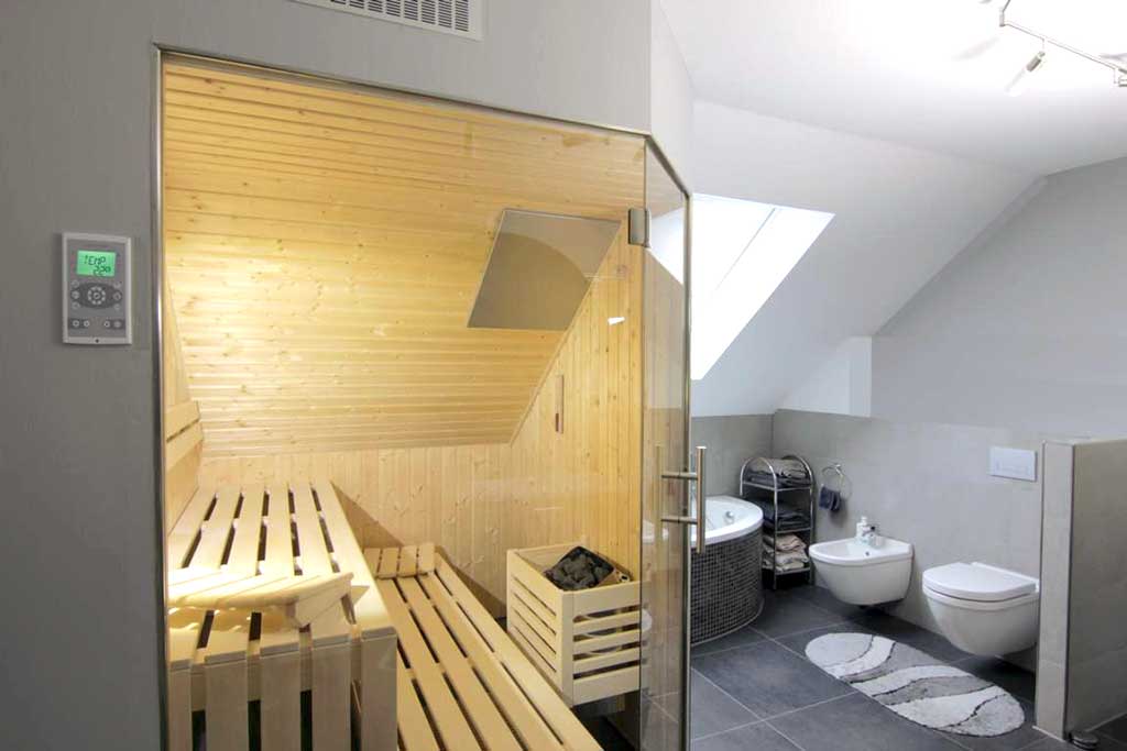 Sauna mit Glasfront und Dreiecksfenster im Walmdach